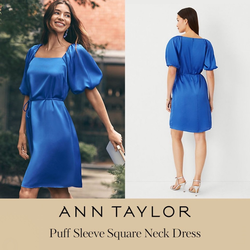 Ann Taylor Vibrant Blue Puff Sleeve Square Neck Dress NEW with Tags Size 16